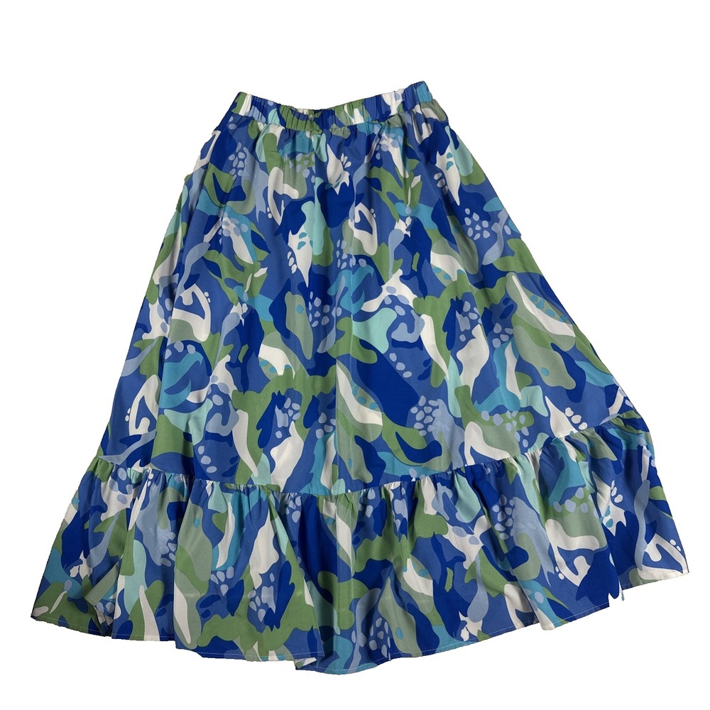 Abstract Midi Skirt Pockets Resort Coastal Tiered Blue Urban CoCo Large Artsy